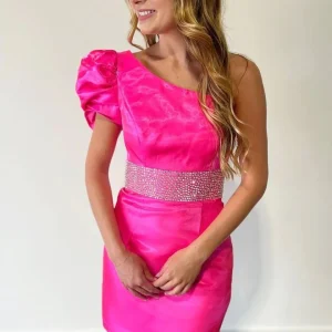 Hot Pink One Shoulder Homecoming Klänning med pärlor i midjan