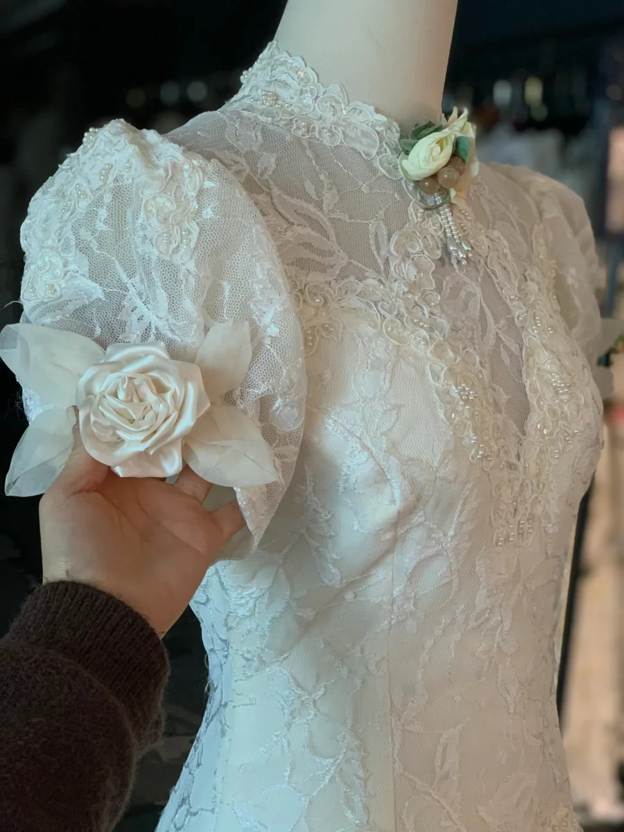 Low Waist High Neck Lace Top Vintage Wedding Dress - Bild 5