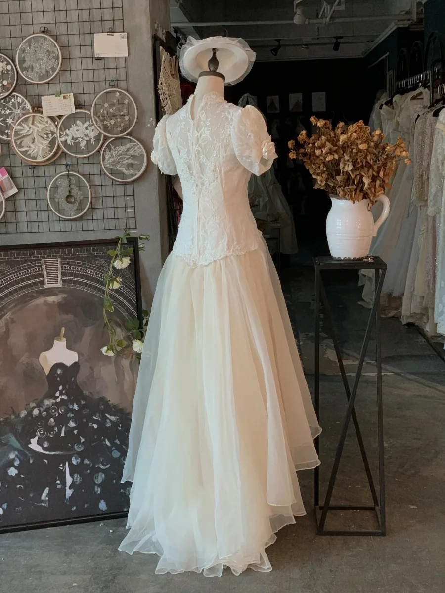 Low Waist High Neck Lace Top Vintage Wedding Dress - Bild 6