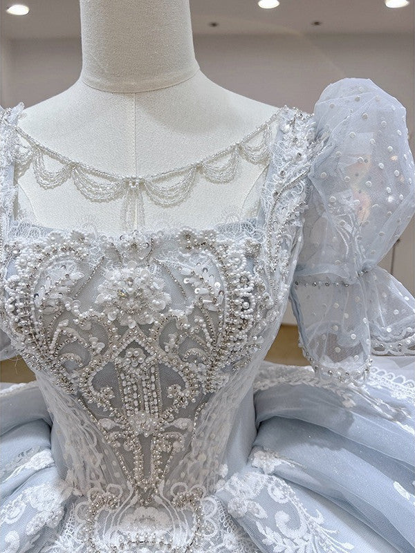 Luxury Pale Blue Princess Cathedral Traditional Victorian Wedding Dress - Bild 4
