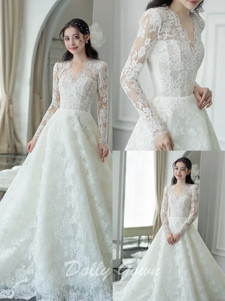 Modest Long Sleeve V-Neck A-line Lace Wedding Dress - Bild 2