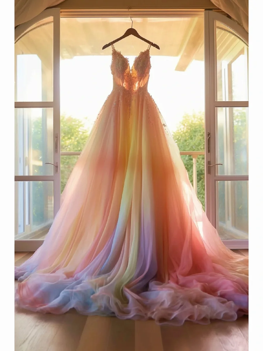 Romantic Dip Dye Rainbow Colored Wedding Dress - Bild 3