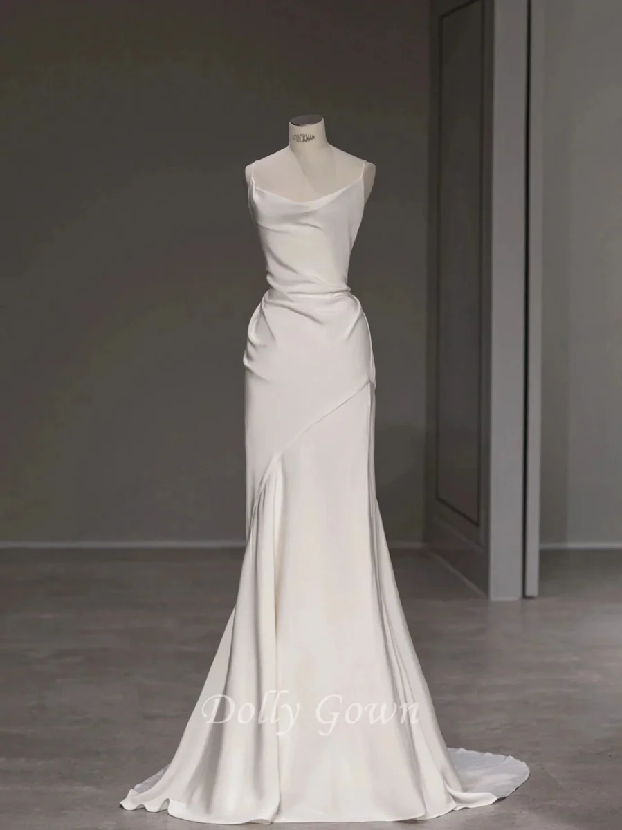 Elegant Spaghetti Straps Slida Enkel Silk Bröllopsklänning - Bild 2