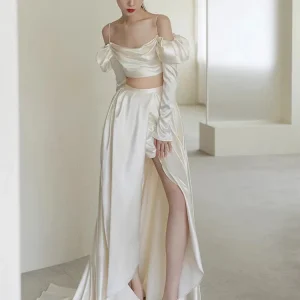Stylish Satin Two Piece Wedding Dress with Side Slit and Long Sleeves