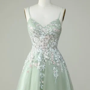 Dusty Sage Spaghetti Strap Homecoming Dress with Criss Cross Back Design