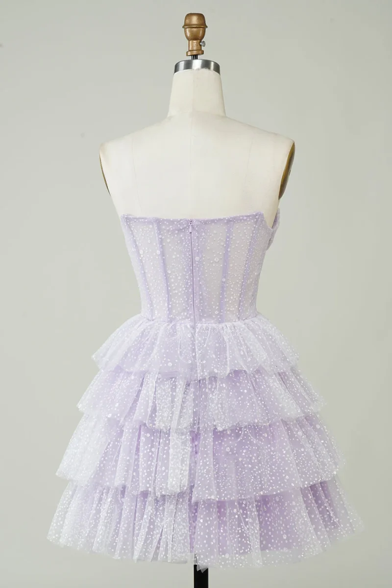 Sparkly Purple Corset Homecoming Dress Strapless Tiered Mini Short Party Gown - Bild 3