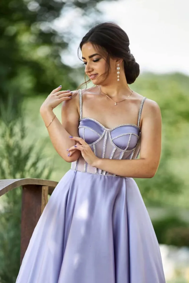 Lilac Spaghetti Strap Corset Tea Length Evening Gown with Beads - Bild 3