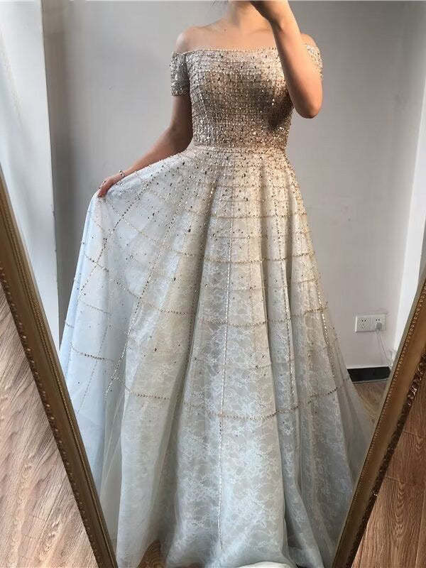 Elegant Sequined Off Shoulder Long Sleeve Prom Dress A Line Design - Bild 5