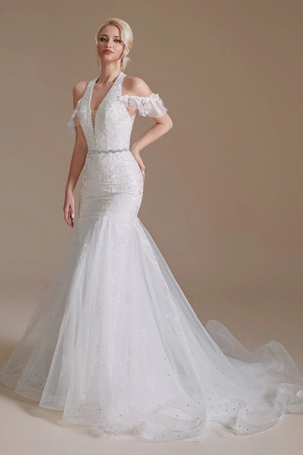 Elegant Mermaid Halter Tulle Wedding Gown with Lace Appliques and Floor-Length Design - Bild 5