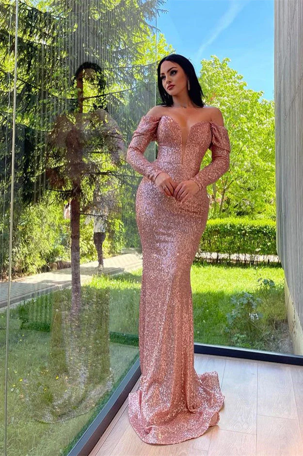 Elegant V-Neck Long Sleeves Mermaid Prom Dress with Sequins and Split - Bild 2