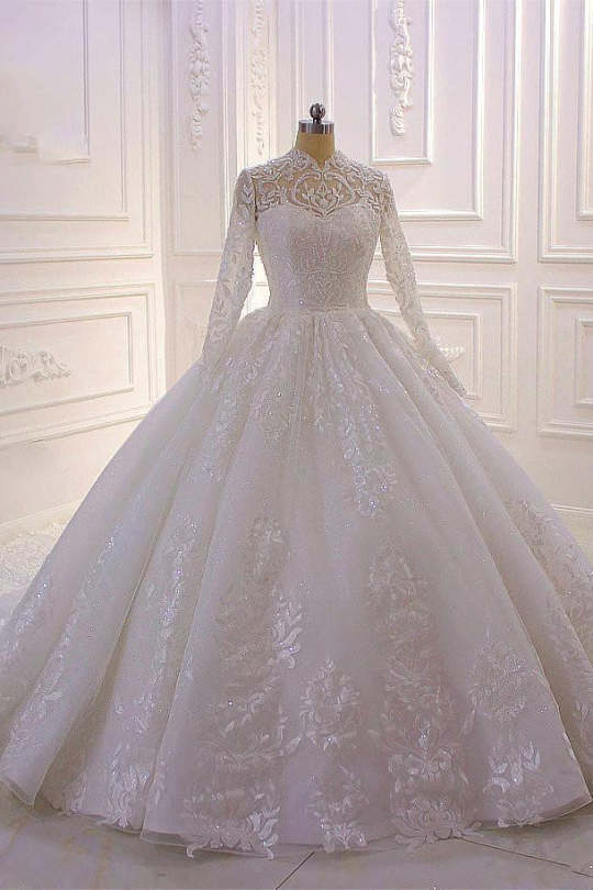 Elegant A-Line High Neck Long Sleeve Wedding Dress with Exquisite Lace Appliques - Bild 4