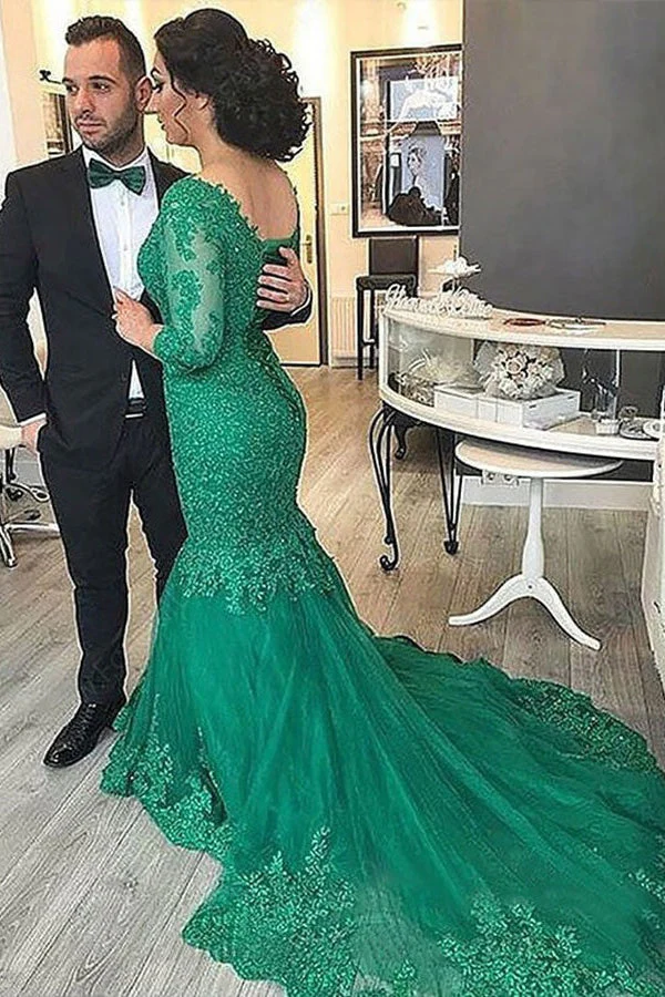 Emerald Green Lace Applique Mermaid Prom Dress V-Neck 3/4 Sleeves Gown - Bild 3