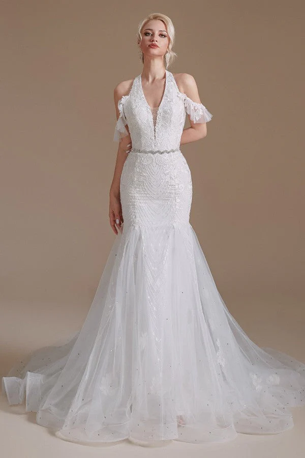 Elegant Mermaid Halter Tulle Wedding Gown with Lace Appliques and Floor-Length Design - Bild 2