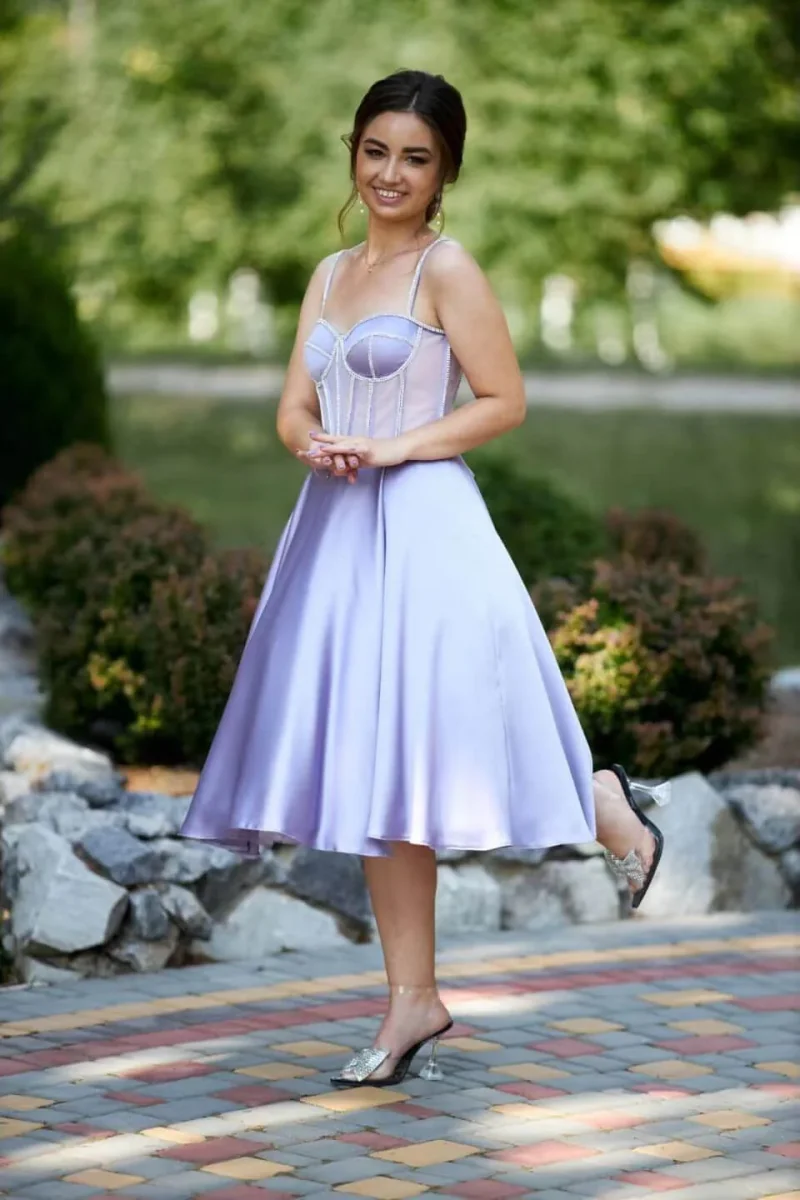 Lilac Spaghetti Strap Corset Tea Length Evening Gown with Beads - Bild 2