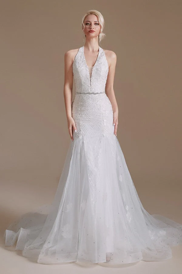 Elegant Mermaid Halter Tulle Wedding Gown with Lace Appliques and Floor-Length Design - Bild 4