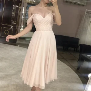 Elegant Off-Shoulder Tea-Length Pink Prom Dress for Formal Graduations & Homecoming
