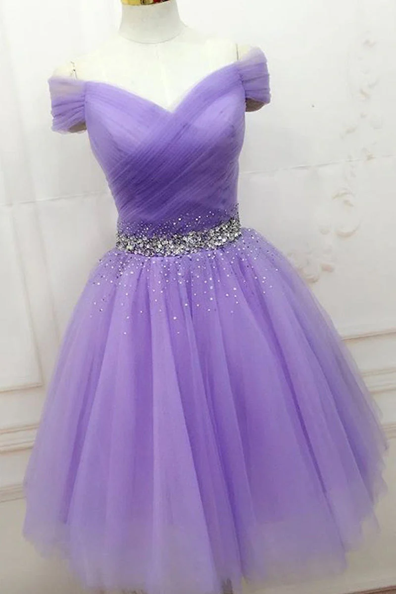 Off-Shoulder Short Beaded Purple Prom Dress: Elegant Tulle A-Line Formal Graduation Gown - Bild 3
