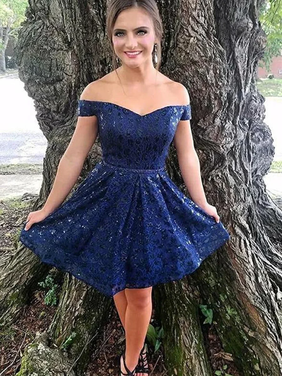 Off Shoulder Navy Blue Lace Prom Homecoming Dress Short Formal Gown - Bild 2