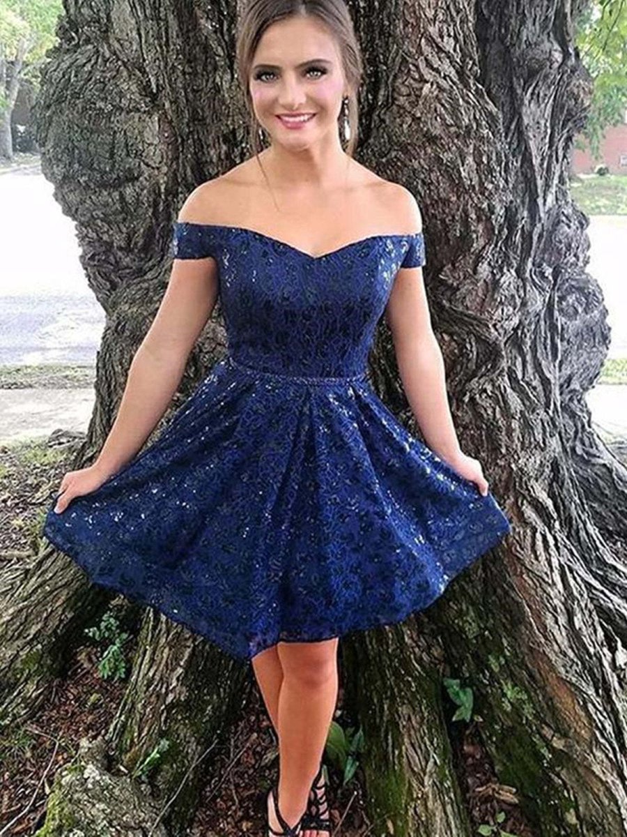 Off Shoulder Navy Blue Lace Prom Homecoming Dress Short Formal Gown - Bild 3