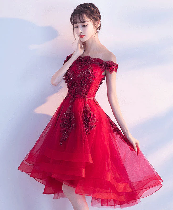 High Low Burgundy Lace Tulle Short Prom Party Dress - Bild 4