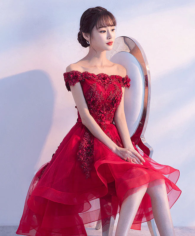 High Low Burgundy Lace Tulle Short Prom Party Dress - Bild 5