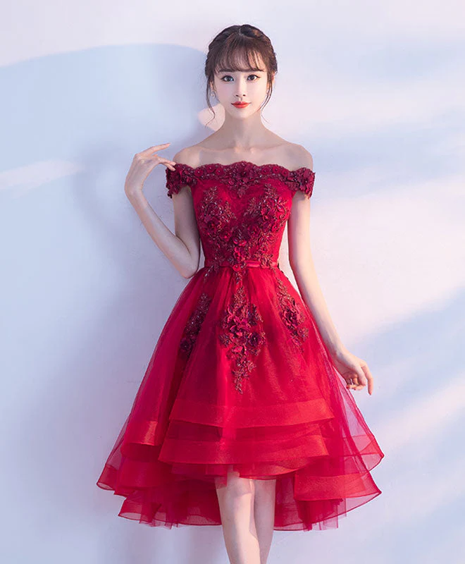 High Low Burgundy Lace Tulle Short Prom Party Dress