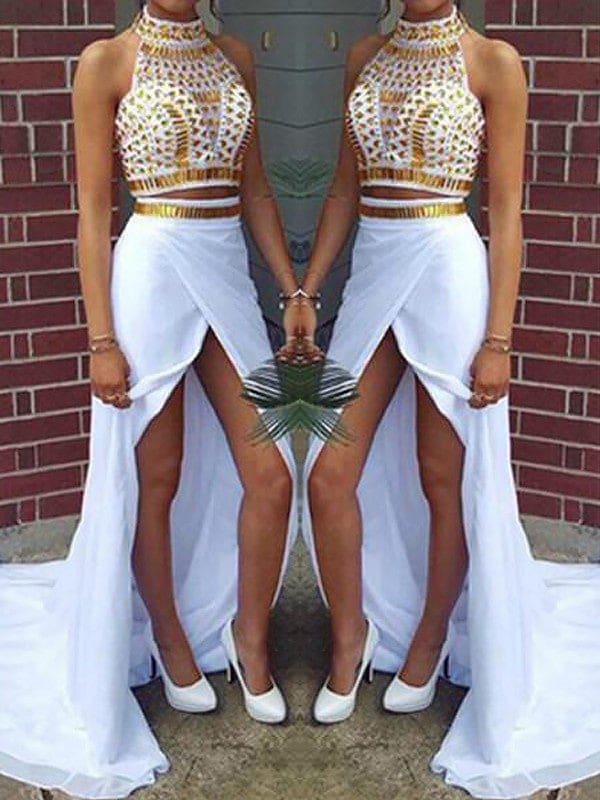 Elegant Halter Sleeveless Beaded Chiffon Prom Dress with Sweep Train - Bild 3