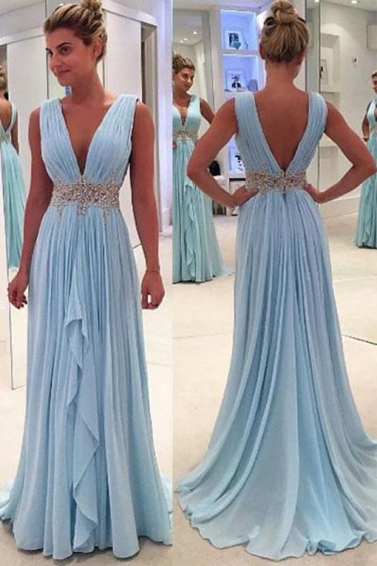 Sky Blue Deep V Neck Chiffon A Line Prom Dress - Bild 2