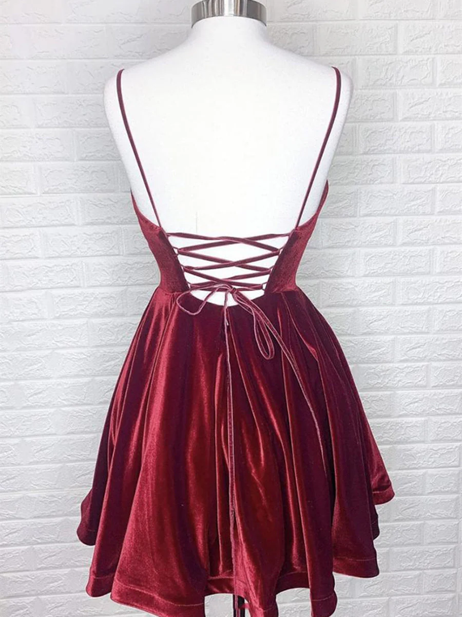 Elegant V-Neck Backless Burgundy Velvet Short Prom Dress, Formal Graduation Homecoming - Bild 3