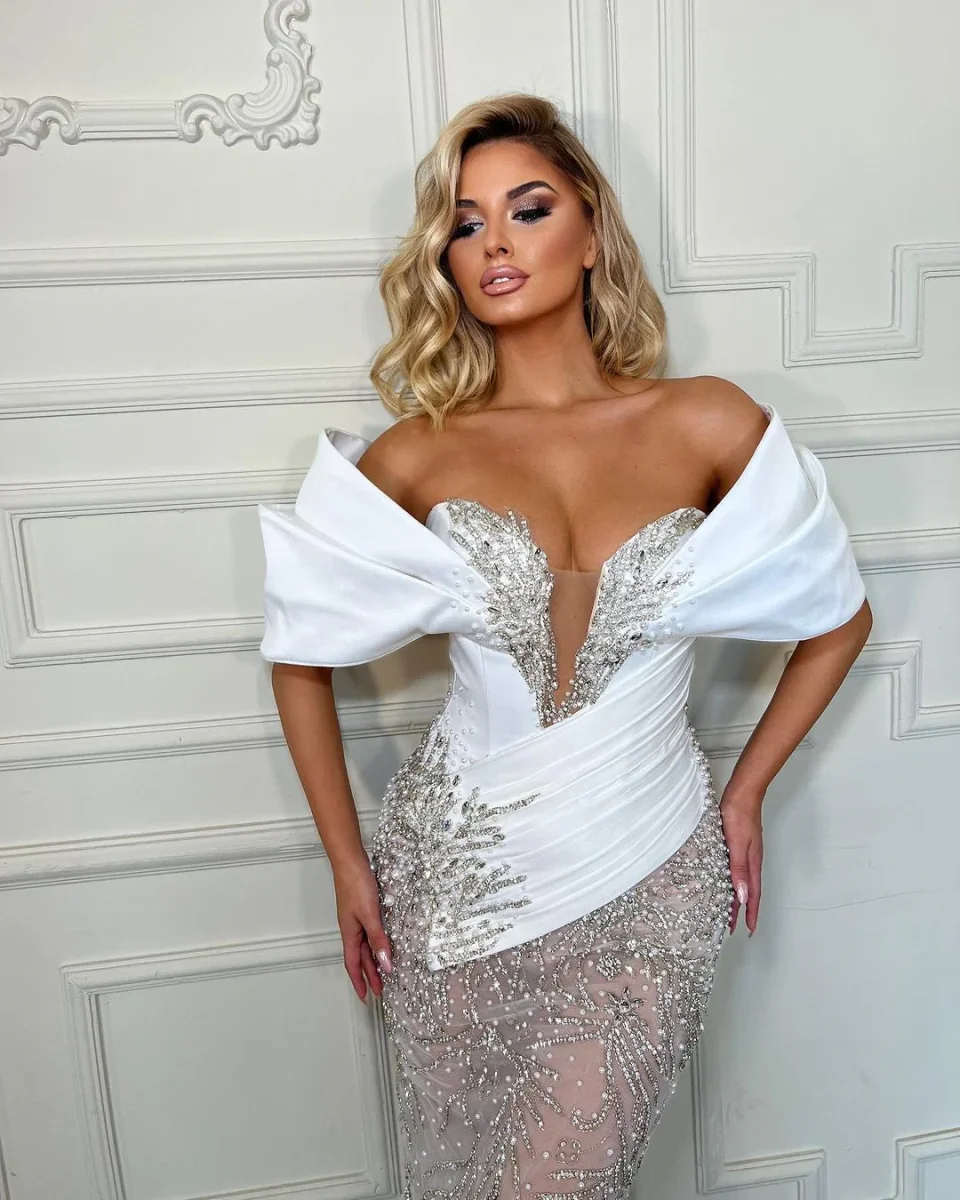 Elegant Sleeveless White Tulle Prom Dress | Charmeuse Wedding Gown - Bild 5